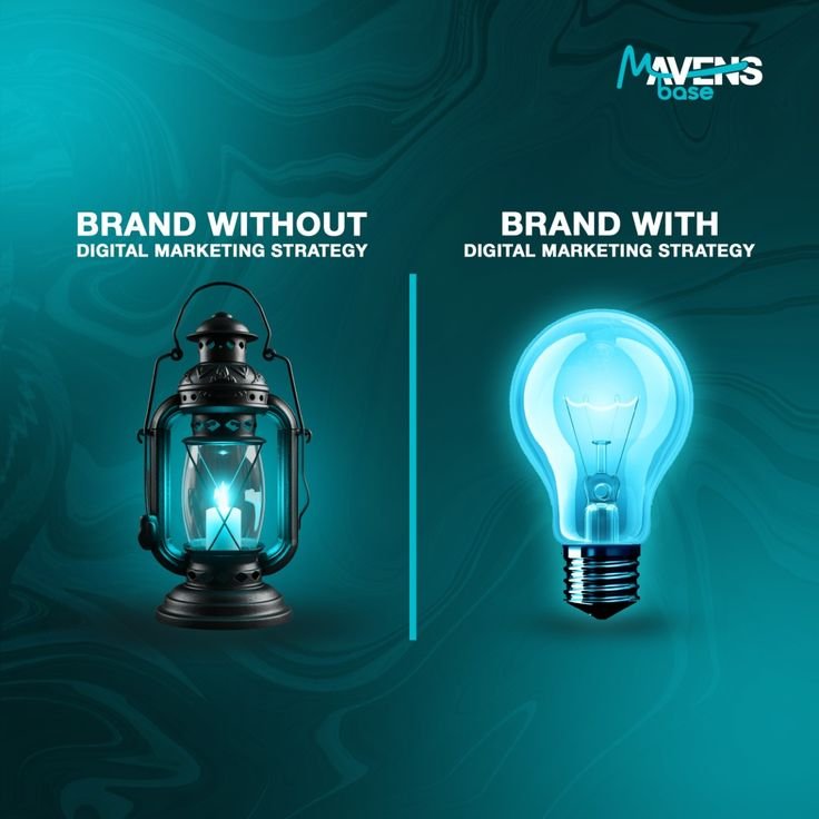 Comparison of brand without digital marketing strategy shown as a dim lantern and brand with digital marketing strategy shown as a bright light bulb.