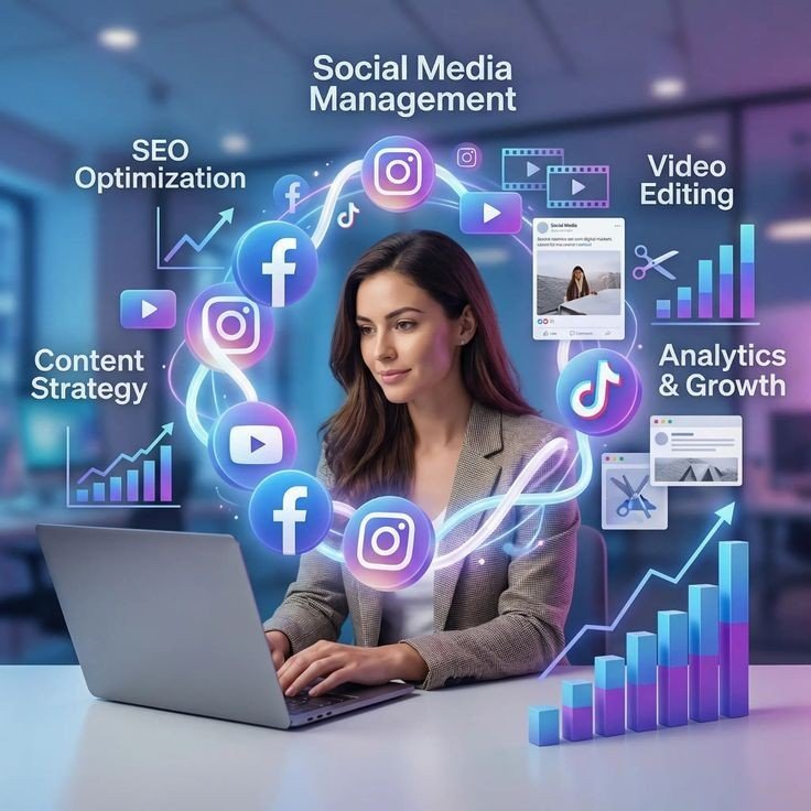 Role Of Social Media in digital marketing with content strategy and analytics visualization.